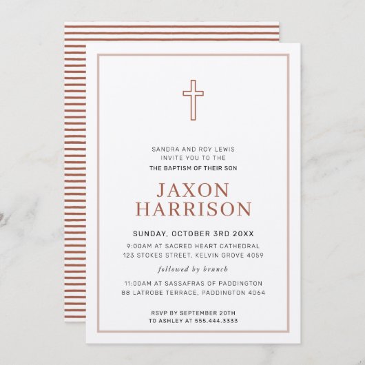 Invitation BAPTISM moderne croix minimale simple argile brun (Devant / Derrière)