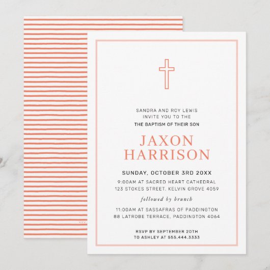 Invitation BAPTISM moderne Croix minimale simple terre cuite (Devant / Derrière)