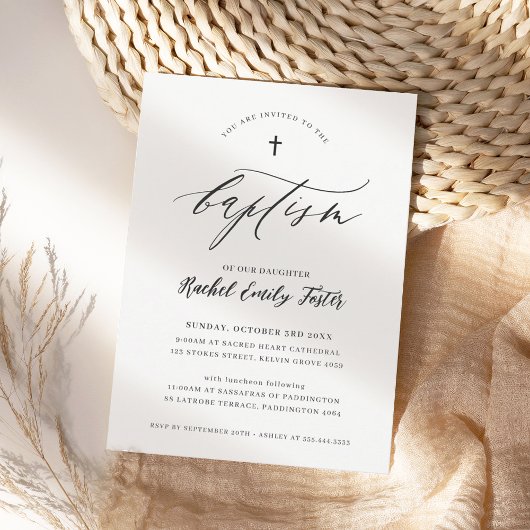 Invitation BAPTISM moderne minima calligraphie élégant noir