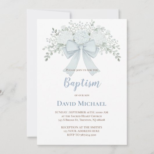 Invitation Baptism pastel blue floral bow (Devant)