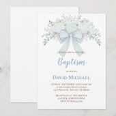 Invitation Baptism pastel blue floral bow (Devant / Derrière)