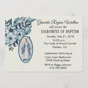 Invitation Baptismal Baby Vierge Marie Fleurs bleues Invitati
