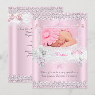 Invitation Baptismal Dentelle Rose Papillon Croix Fille 3