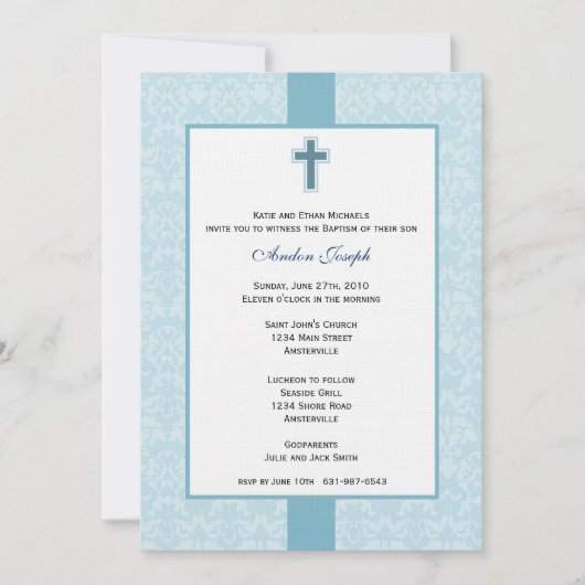 Invitation Baptismale Turquoise Damask. (Devant)