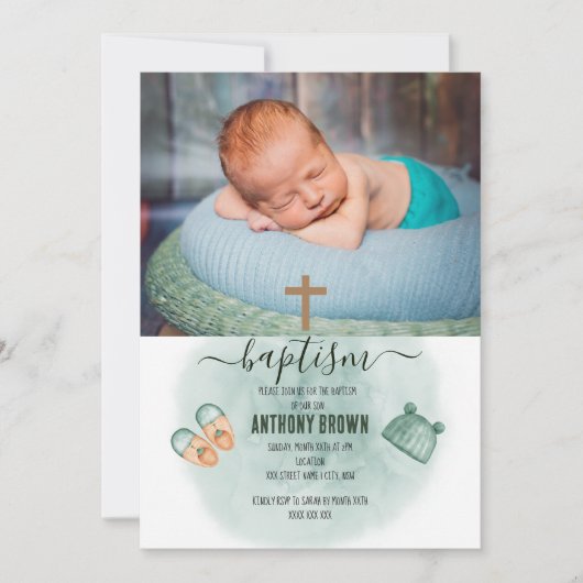 INVITATION BAPTISME BÉBÉ VERT ET ORANGE WATERCOLOR (Devant)