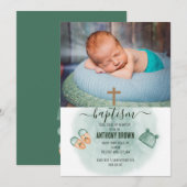 INVITATION BAPTISME BÉBÉ VERT ET ORANGE WATERCOLOR (Devant / Derrière)