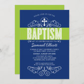 Invitation BAPTISME élégant pivots gras bleu marine bleu vert (Devant / Derrière)
