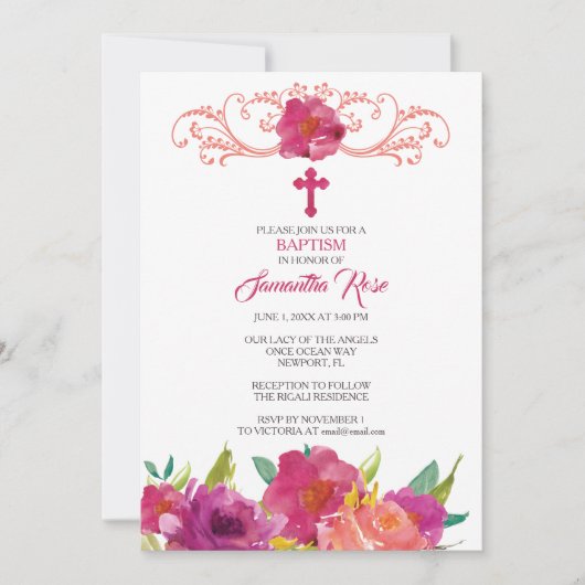 INVITATION BAPTISME, Fille, Roses roses roses (Devant)