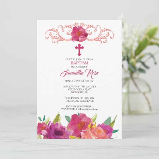 INVITATION BAPTISME, Fille, Roses roses roses (Debout devant)