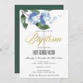INVITATION BAPTISME FLORAL BLEUE GREEN INK LAVÉ À L'EAU (Devant / Derrière)