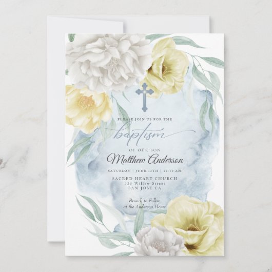 Invitation BAPTISME Floral Rustique bleu-jaune (Devant)