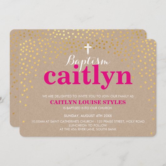 Invitation BAPTISME GLAMOREUX rustique en or confetti kraft r (Devant / Derrière)
