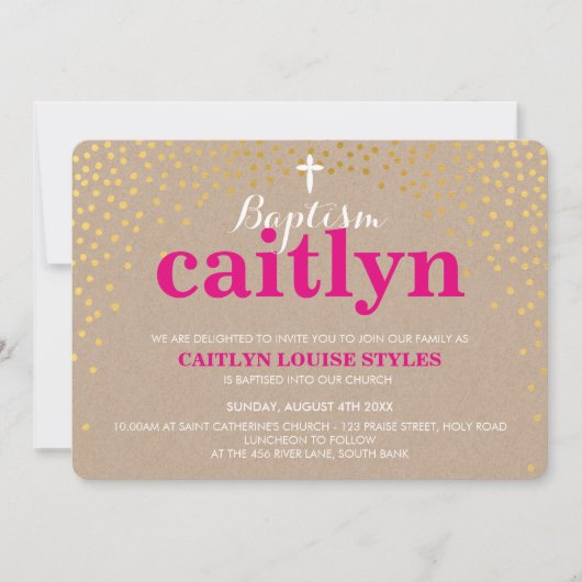 Invitation BAPTISME GLAMOREUX rustique en or confetti kraft r (Devant)
