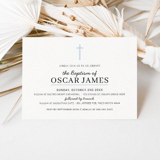 Invitation BAPTISME MODERNE Croix minimale simple bleu pâle g