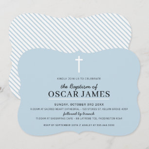 Invitation BAPTISME MODERNE Croix minimale simple bleu pâle g