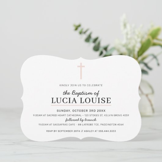 Invitation BAPTISME MODERNE Croix minimale simple rose pâle f (Debout devant)