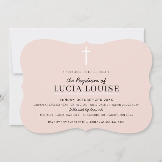 Invitation BAPTISME MODERNE Croix minimale simple rose pâle f (Devant)