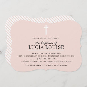 Invitation BAPTISME MODERNE, croix simple, petite fille rose 