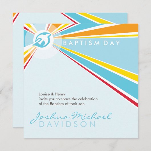 Invitation BAPTISME MODERNE unique colombe brillante colorée (Devant / Derrière)