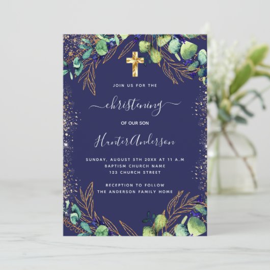 Invitation Baptiste eucalyptus vert bleu (Debout devant)