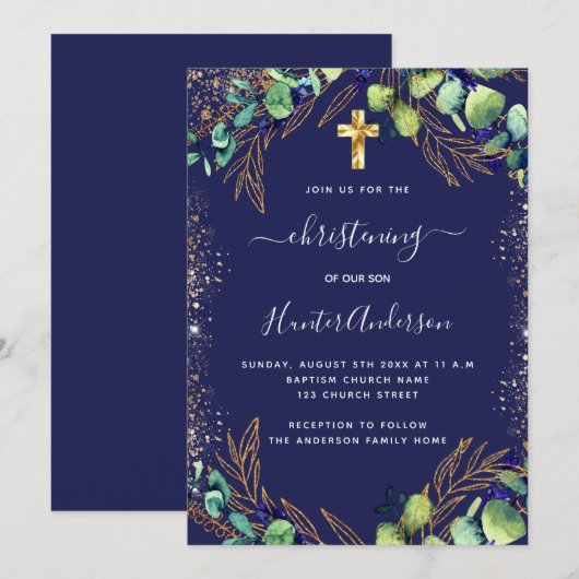 Invitation Baptiste eucalyptus vert bleu (Devant / Derrière)