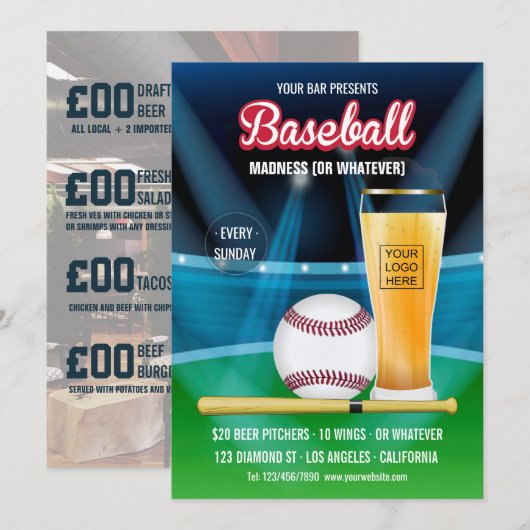 Invitation Bar Baseball Event Promo Menu ajouter photo et log (Devant / Derrière)