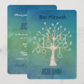 Invitation Bar Bat Bnai Arbre de vie Mitzvah Aquarelle Bleu (Devant / Derrière)