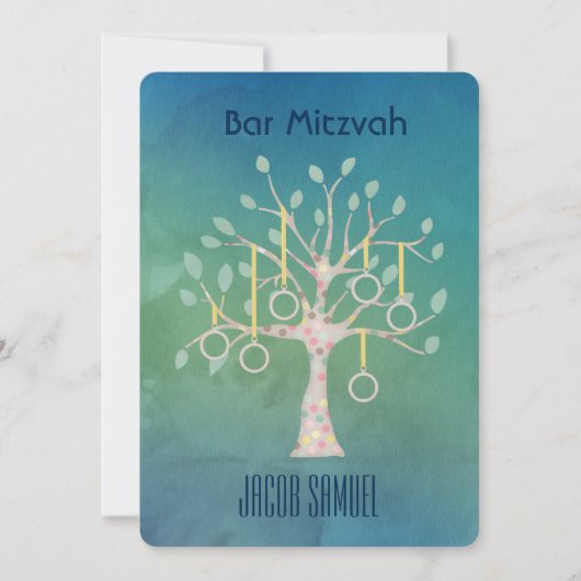 Invitation Bar Bat Bnai Arbre de vie Mitzvah Aquarelle Bleu (Devant)