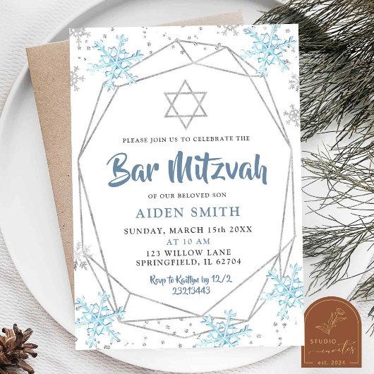 Invitation Bar/Bat mitzvah Blue Winter Snowflake