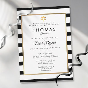 Invitation Bar, Bat Mitzvah Classique Rayure Noir Blanc Or