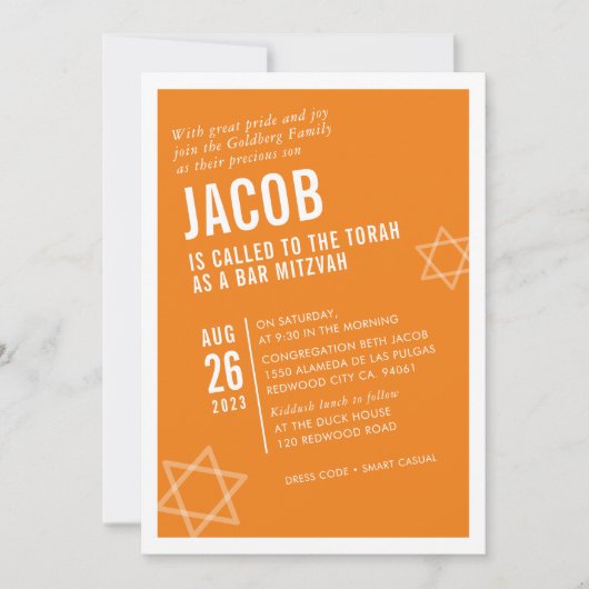 Invitation BAR BOLD MITZVAH simple angle moderne orange blanc (Devant)