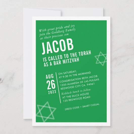 Invitation BAR BOLD MITZVAH simple angle moderne vert blanc (Devant)