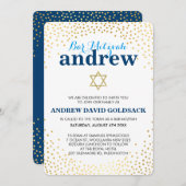 Invitation BAR GLAMOROUS MITZVAH rustique en or confetti bleu (Devant / Derrière)