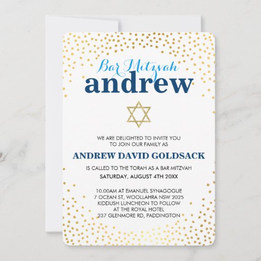 Invitation BAR GLAMOROUS MITZVAH rustique en or confetti bleu (Devant)