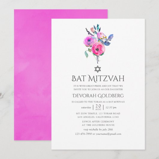 Invitation Bar Mitsva Floral Aquarelle Rose Chaud (Devant / Derrière)