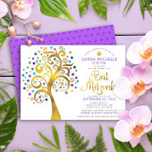 Invitation Bar Mitsva Violet Or Feuille Script Arbre de Vie