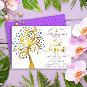 Invitation Bar Mitsva Violet Or Feuille Script Arbre de Vie