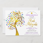 Invitation Bar Mitsva Violet Or Feuille Script Arbre de Vie (Devant)