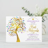 Invitation Bar Mitsva Violet Or Feuille Script Arbre de Vie (Debout devant)