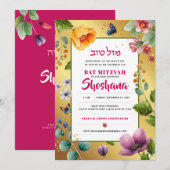 Invitation Bar Mitzvah Aquarelle Élégant Floral Pailleté (Devant / Derrière)