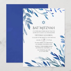 Invitation Bar Mitzvah aquarelle feuilles d'indigo marine