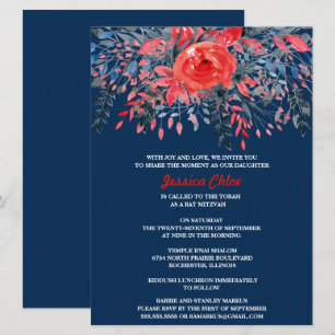 Invitation Bar Mitzvah aquarelle fleurs bleues en denim et ro