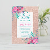 Invitation Bar Mitzvah aquarelle florale pailletée or rose (Debout devant)