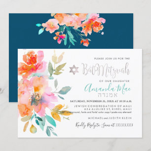 Invitation Bar Mitzvah aquarelle florale PixDezines, orange