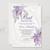 Invitation Bar Mitzvah aquarelle florale rose gold et violet (Devant)