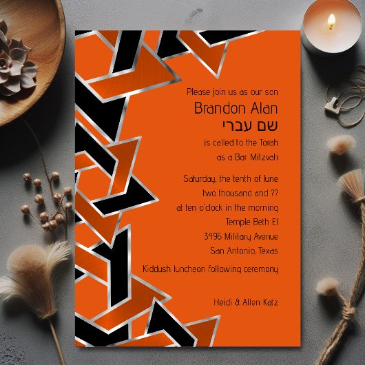 Invitation Bar Mitzvah Argent Orange Black Star de David