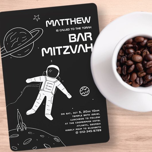 Invitation Bar Mitzvah Astronaut moderne noir et blanc