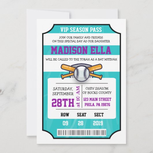 Invitation Bar Mitzvah BILLET DE BASEBALL (Devant)