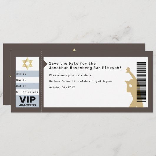 Invitation Bar Mitzvah Billet de Concert Enregistrez la Date (Devant / Derrière)