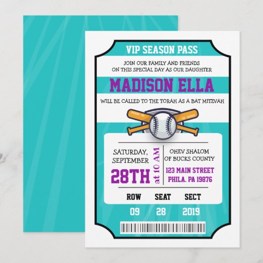 Invitation Bar Mitzvah Billets BASEBALL (Devant / Derrière)